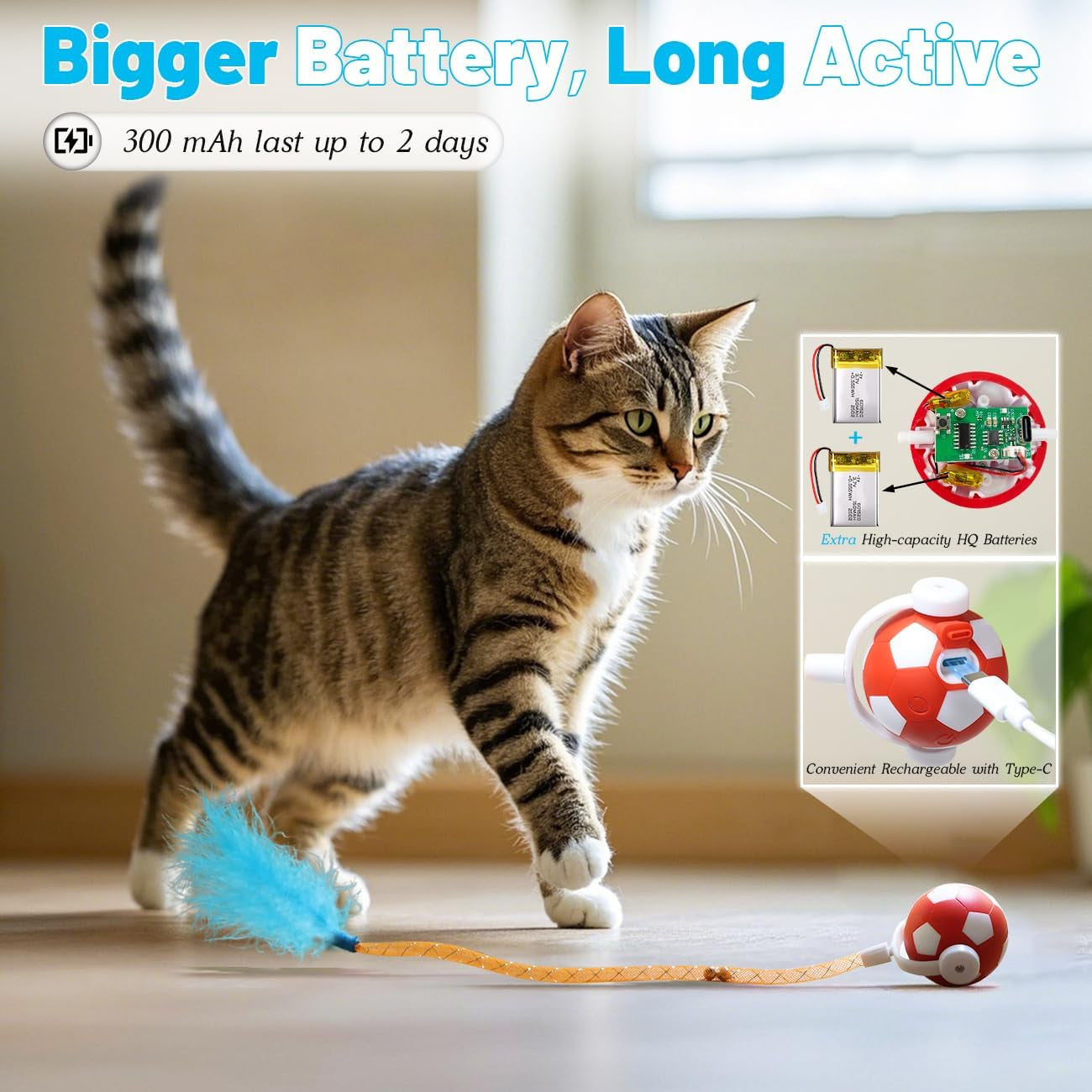 Interactive Cat Toys with Feather Snappy Tail for Bored Indoor Adults Cats, Safe Rolling Toys Ball with 3 Models, Automatic Cats Toy for Any Floor, Electric Moving Cat Enrichment Toy